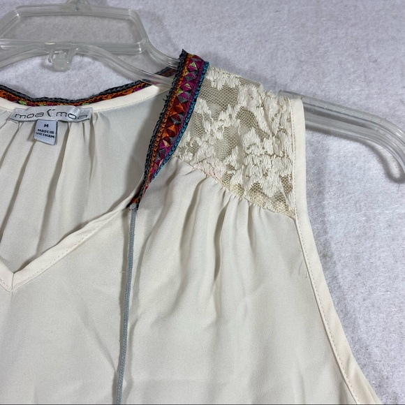 Moa Moa Top tank top woman’s Medium Boho Embroidered Shirt Tassels Blouse beige - Picture 3 of 10